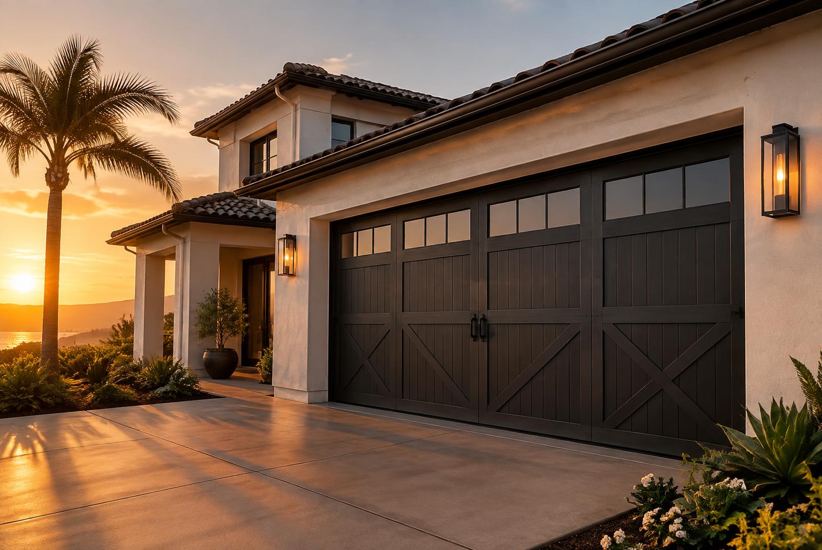Charcoal carriage-style garage door on a Southern California home at sunset